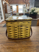 Vintage Yellow Faux Wood Wicker Tin Picnic Basket with Wooden Handles