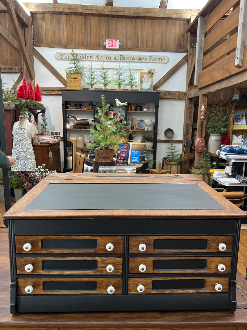 Antique Oak Counter Top Six Drawer Spool Cabinet Slant Top Desk