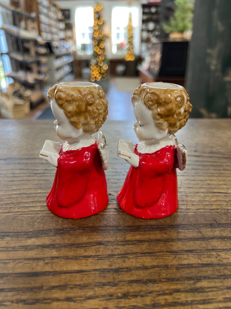 Vintage Set of Two Christmas Angles with Choir Book Candle Holders