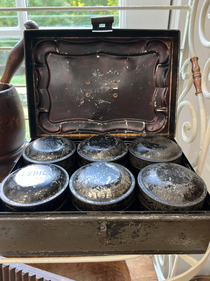 Antique Tin Spice Box with Six Spice Containers.