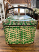 Vintage Green Faux Wicker Litho Tin Picnic Basket with Wooden Handles