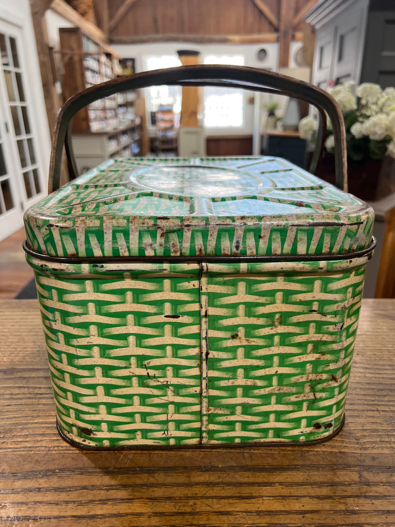 Vintage Green Faux Wicker Litho Tin Picnic Basket with Wooden Handles