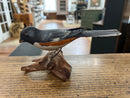 Vintage Peter Peltz Hand Carved + Painted Wood Towhee Bird Figurine on Driftwood Stand