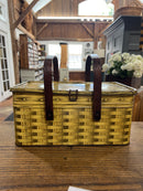 Vintage Yellow Faux Wood Wicker Tin Picnic Basket with Wooden Handles