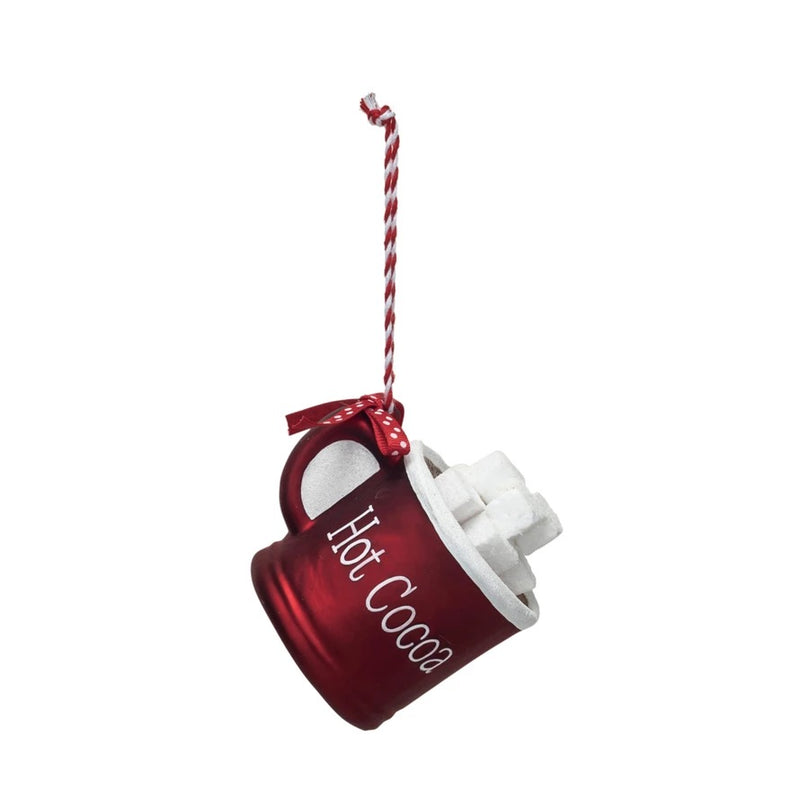 Glass Hot Cocoa Mug Ornament w/ Polka Dot Ribbon "Hot Cocoa", Red & White