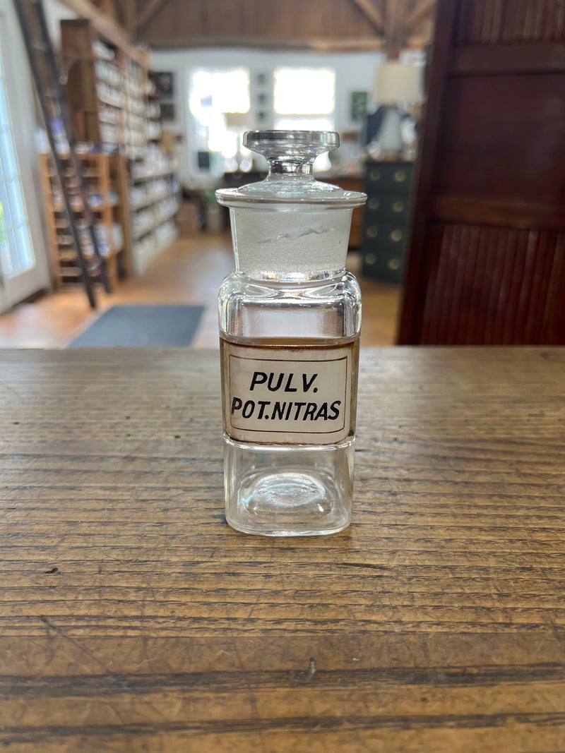 Antique Apothecary Glass Over Label Pharmacy Bottle-Pulv. Pot.Nitras