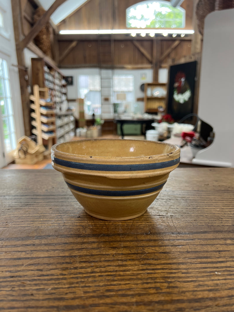 Vintage Yellow Ware Bowl Four White + Two Blue Bands