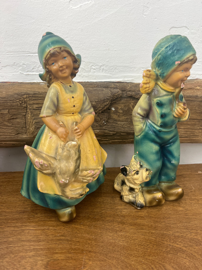 Vintage Chalkware Dutch Girl With Goose + Dutch Boy with Pipe + Dog Figurines - Set of Two