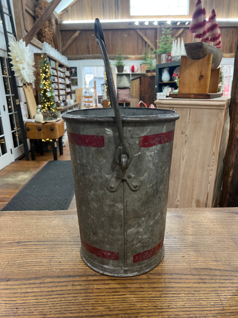 Vintage Galvanized Steel Handled Double Red Banded Bucket