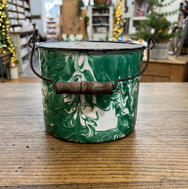 Vintage Green + White Granite Enamel Pail