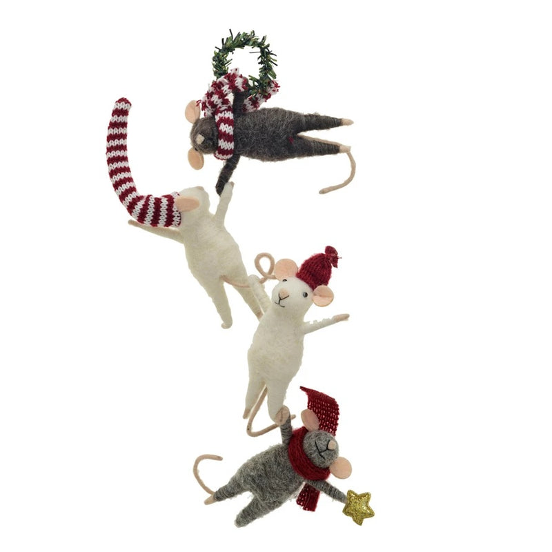 Handmade Wool Felt Mice Hanging From Wreath Ornament