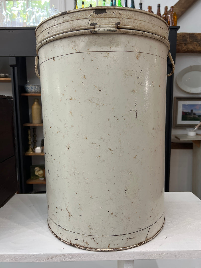Vintage White Flour 19" Round Canister Tin with Hinged Lid