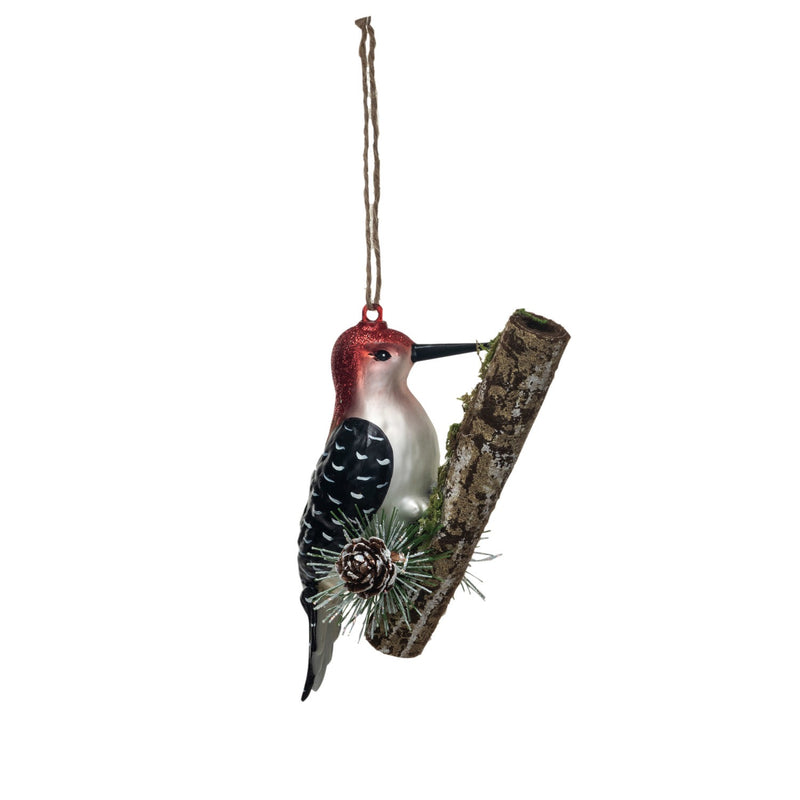 Glass Woodpecker on Branch Ornament