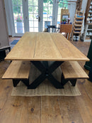 Vintage Waxed Pumpkin Pine Sawbuck Table with Benches