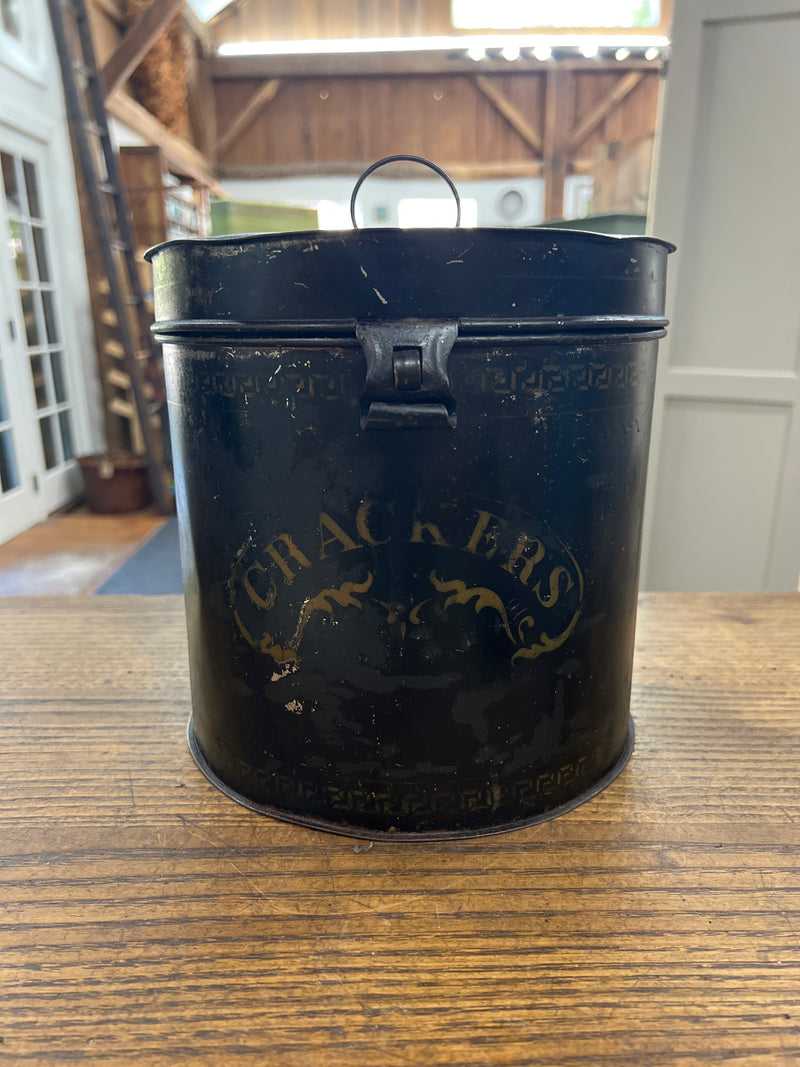 Antique Black Toleware Round Cracker Tin