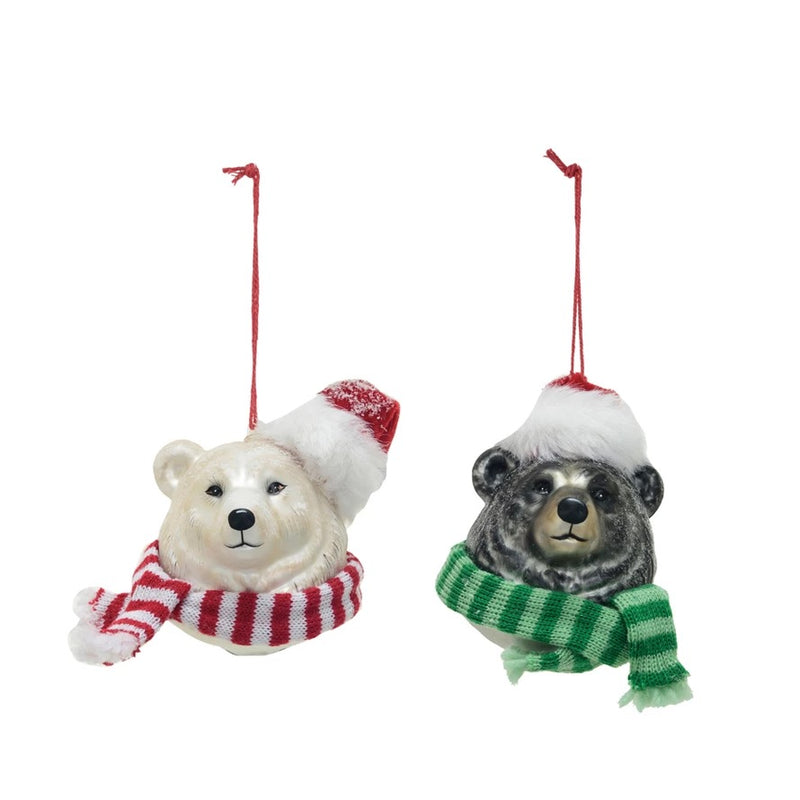 Hand-Painted Glass & Fabric Bear Ornament w/ Scarf & Santa Hat, 2 Styles