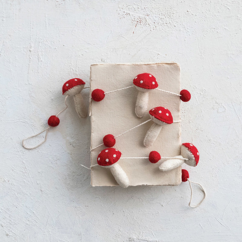 Wool Felt Mushrooms & Pom Poms Garland, Red & White