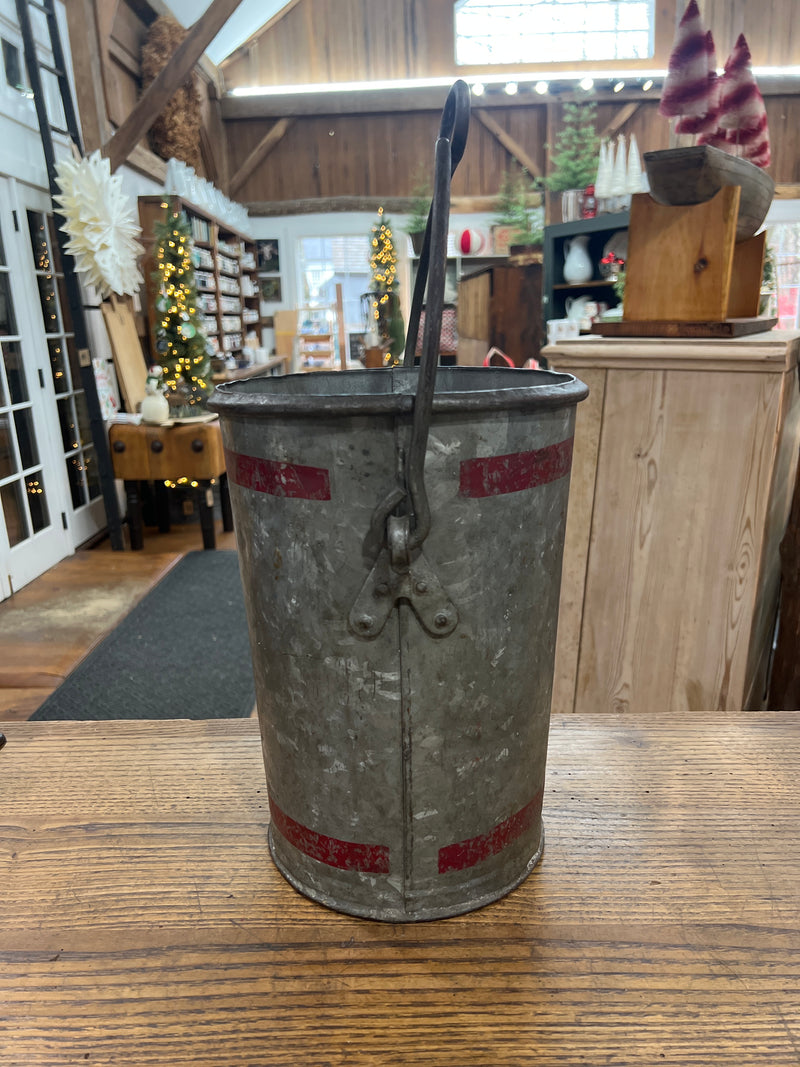 Vintage Galvanized Steel Handled Double Red Banded Bucket