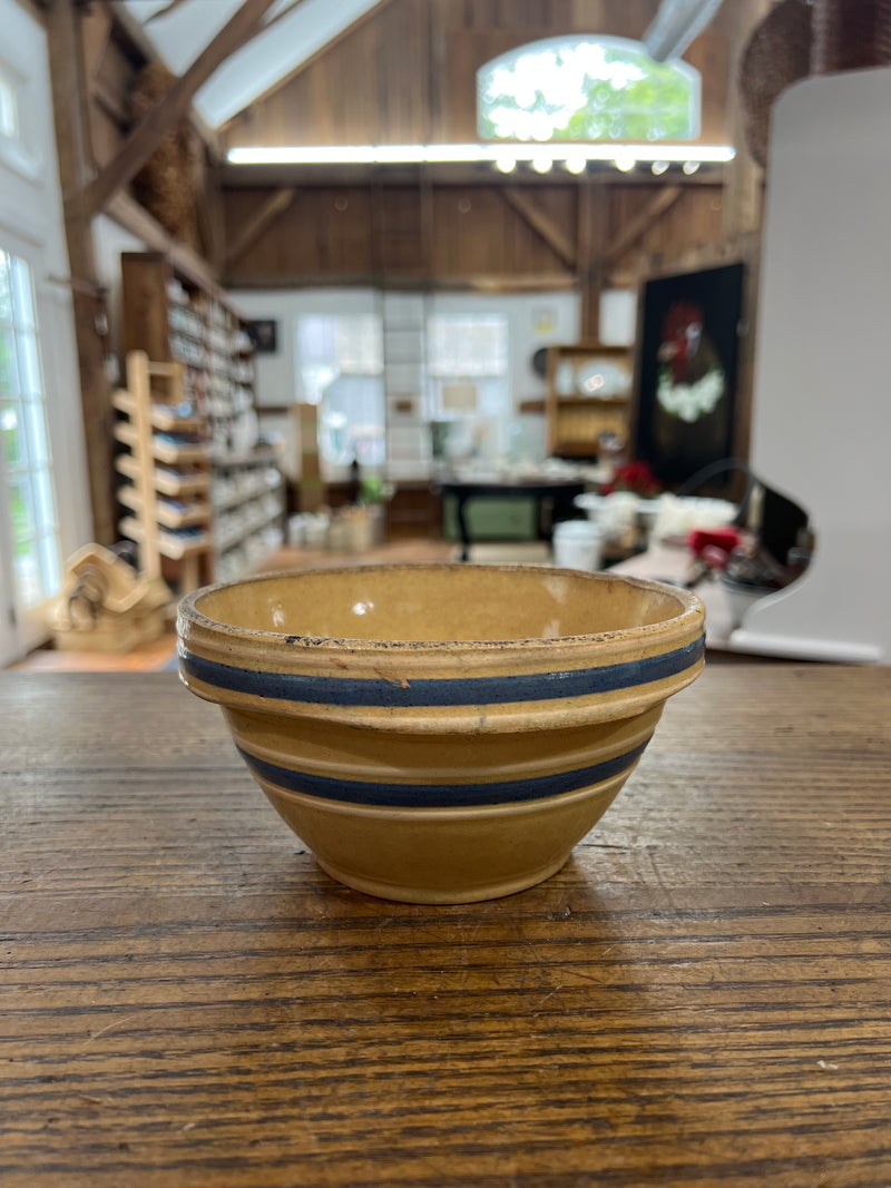 Vintage Yellow Ware Bowl Four White + Two Blue Bands