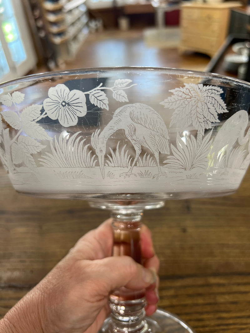 Antique Victorian Hobbs Brockunier Glass Compote with Crane Birds and Bamboo