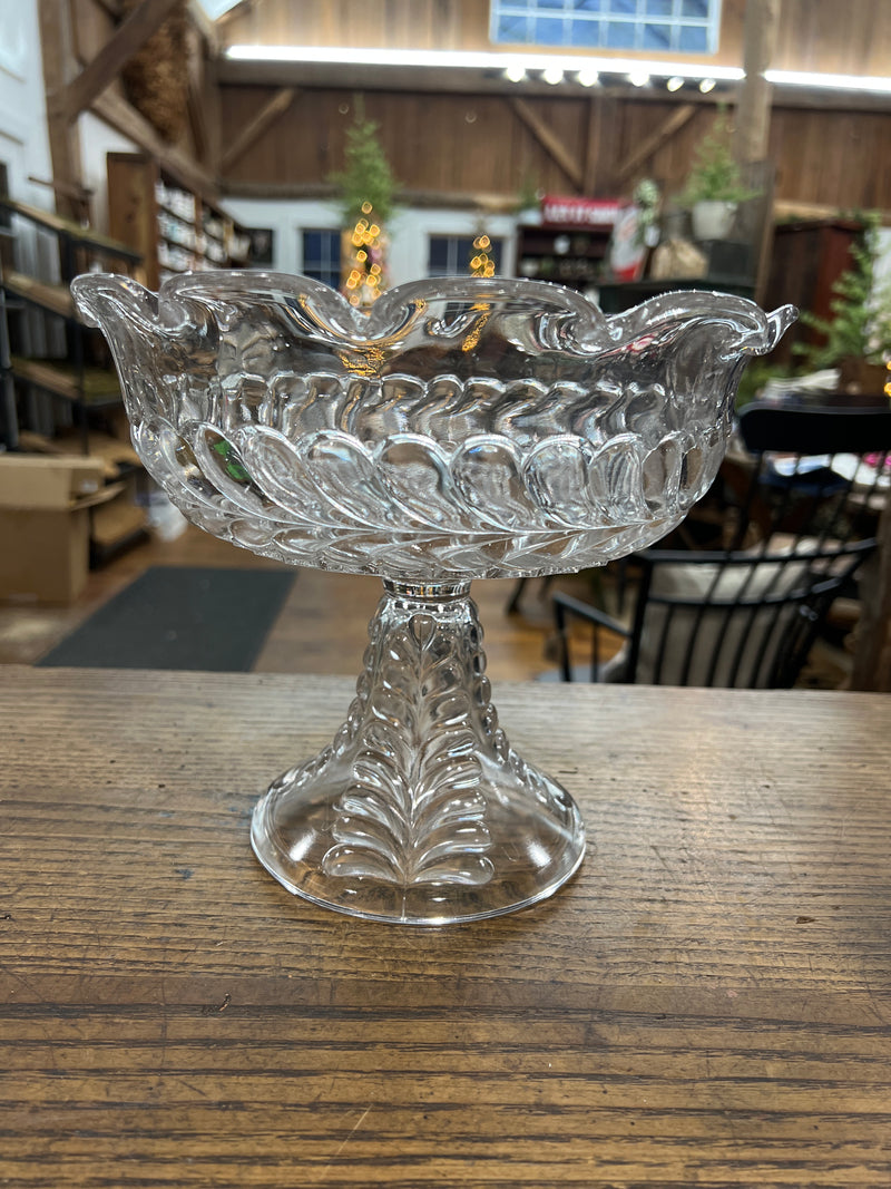 Vintage Glass Compote Pedestal with Flared Ruffled Top