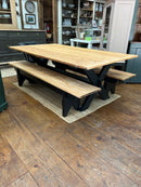 Vintage Waxed Pumpkin Pine Sawbuck Table with Benches