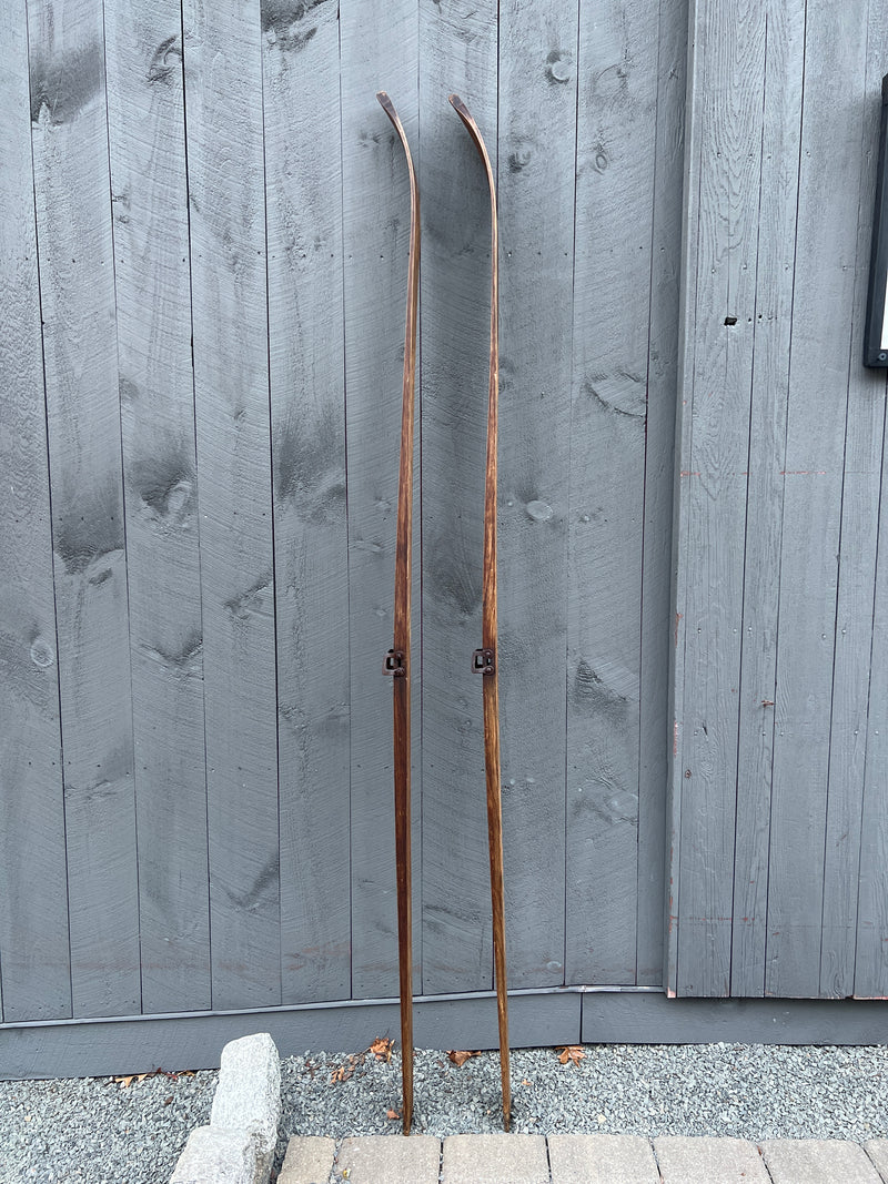 Vintage Wooden 91" Long Skis with Pointed Top Tips