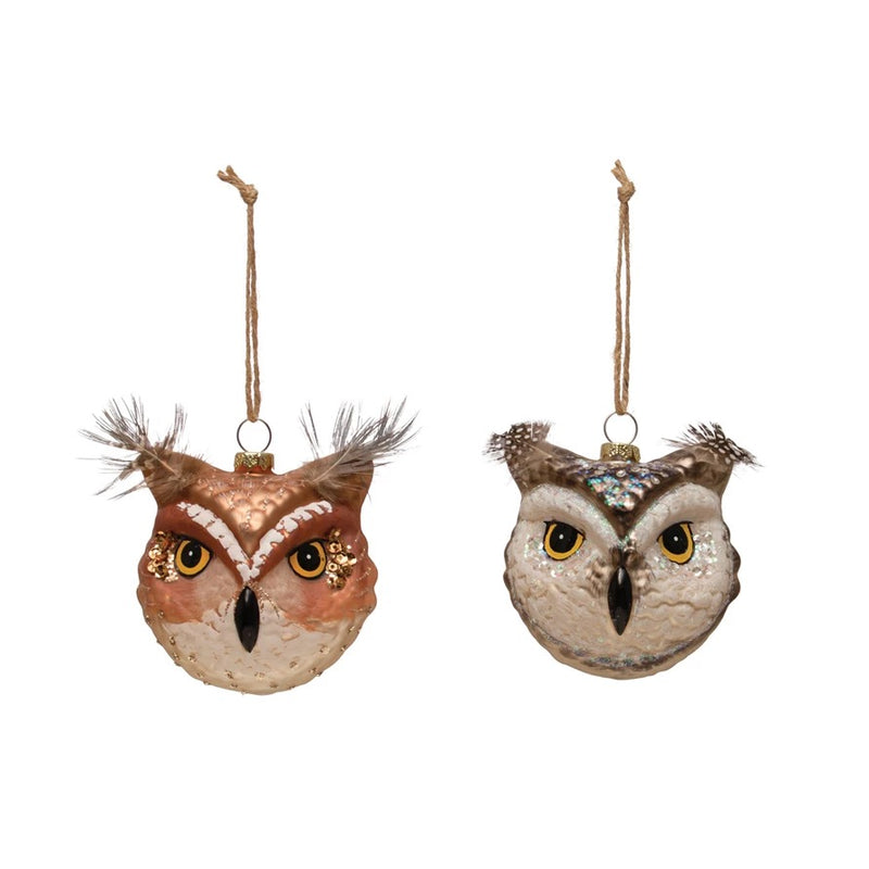 Hand-Painted Glass Owl Ornament w/ Glitter, Sequins & Feathers