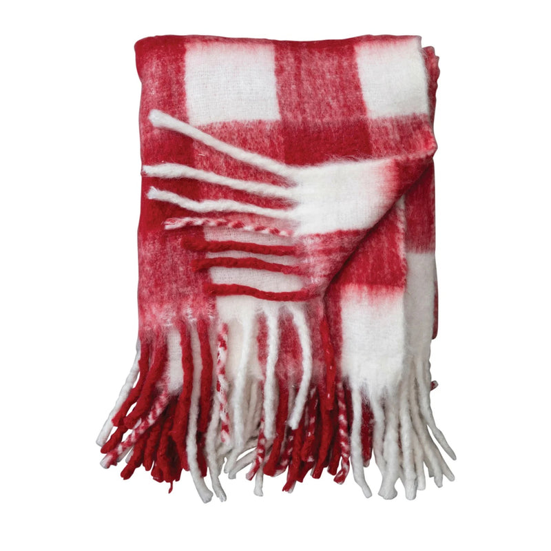 Woven Acrylic Throw w/ Fringe, Red & White Plaid