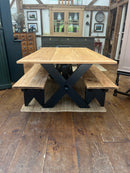 Vintage Waxed Pumpkin Pine Sawbuck Table with Benches