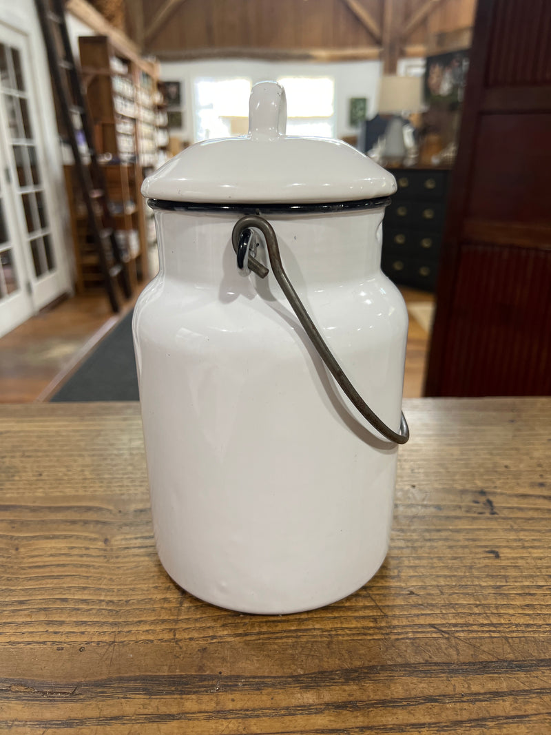 Vintage White Enamel Milk Pail with Lid