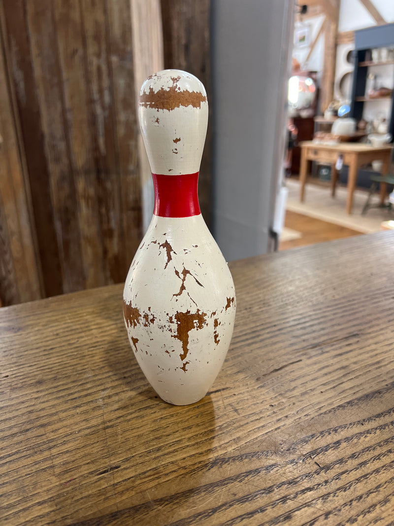 Vintage Wooden Bowling Pin with Red Stripe