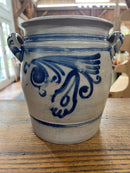 Vintage Salt Glazed European Stoneware Grey and Cobalt Blue Floral Design Crock