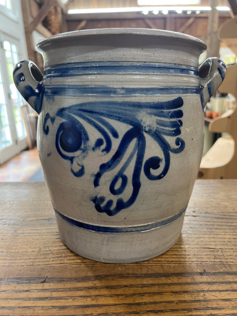 Vintage Salt Glazed European Stoneware Grey and Cobalt Blue Floral Design Crock