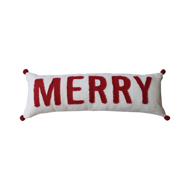 Cotton Lumbar Pillow w/ Appliqued "Merry" & Pom Poms, Red & White