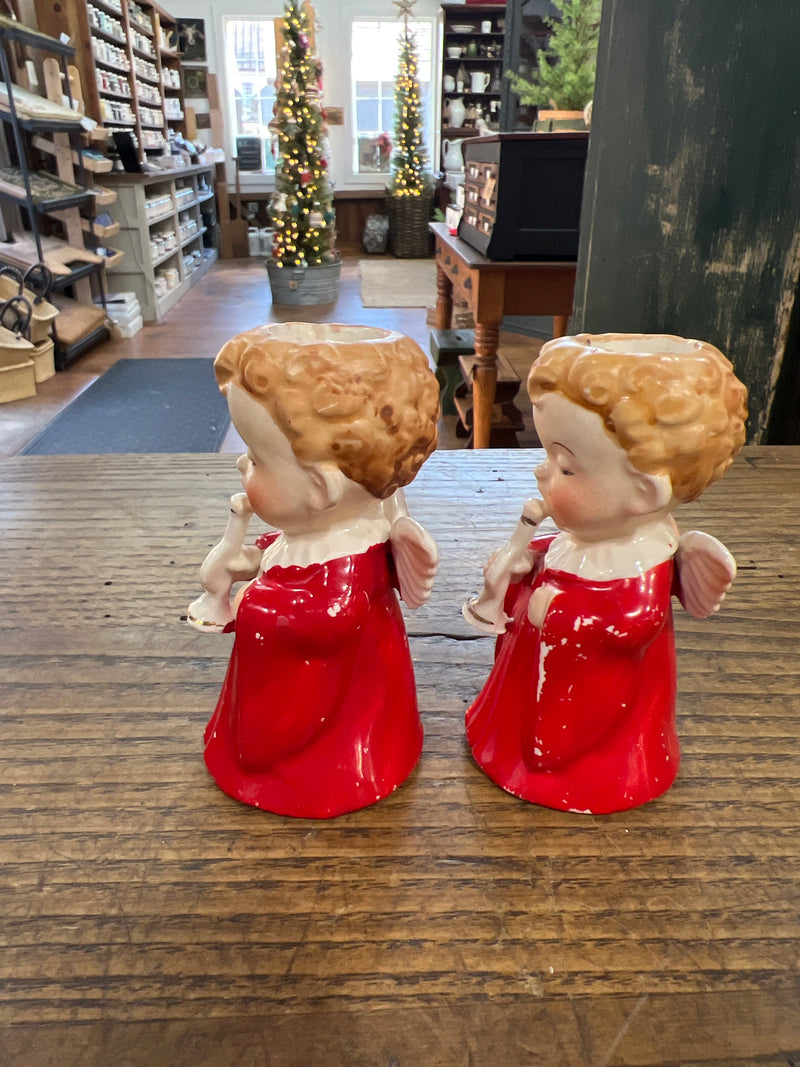 Vintage Set of Two Christmas Angles with Trumpet Candle Holders