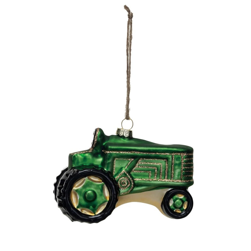 Hand-Painted Glass Tractor Ornament w/ Glitter, Green