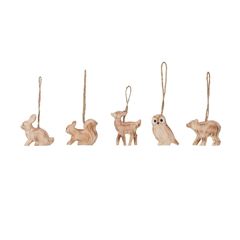 Hand-Carved Wood Forest Animal Ornament, Natural, 5 Styles