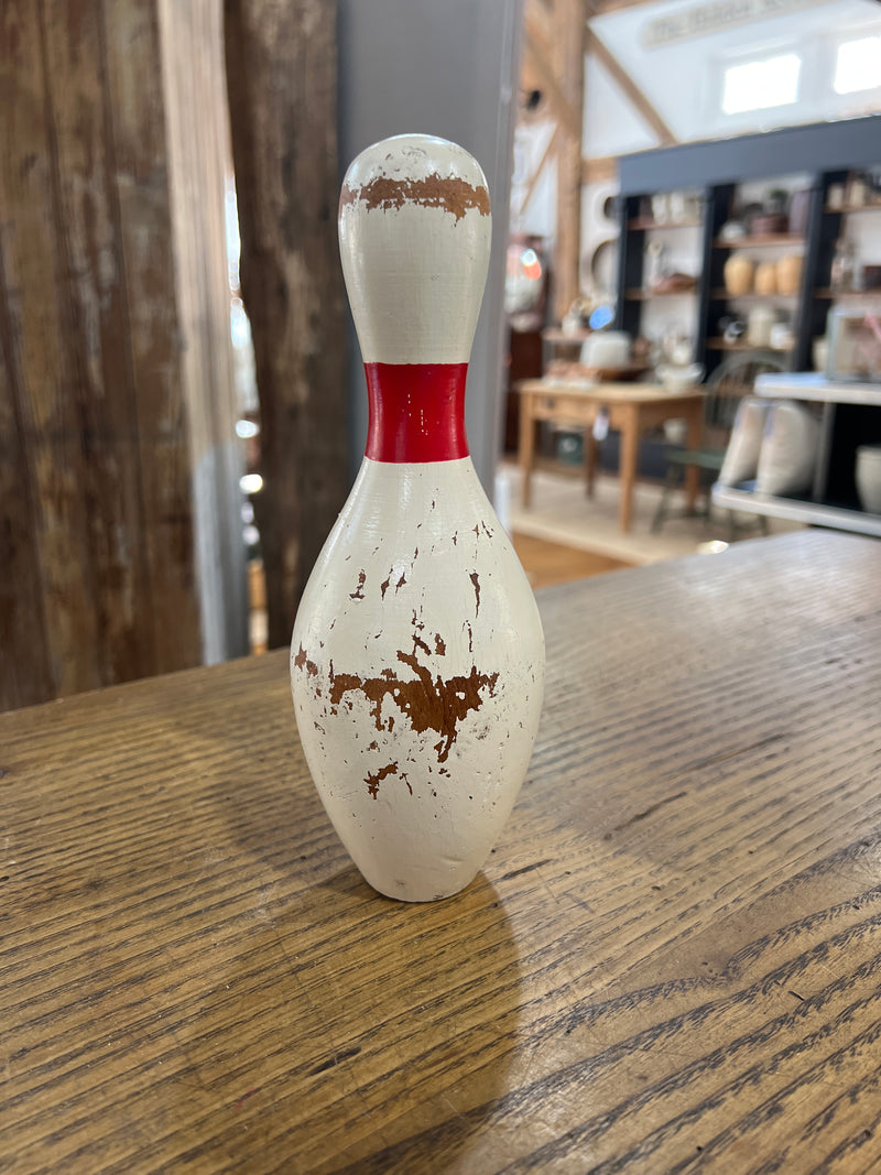 Vintage Wooden Bowling Pin with Red Stripe