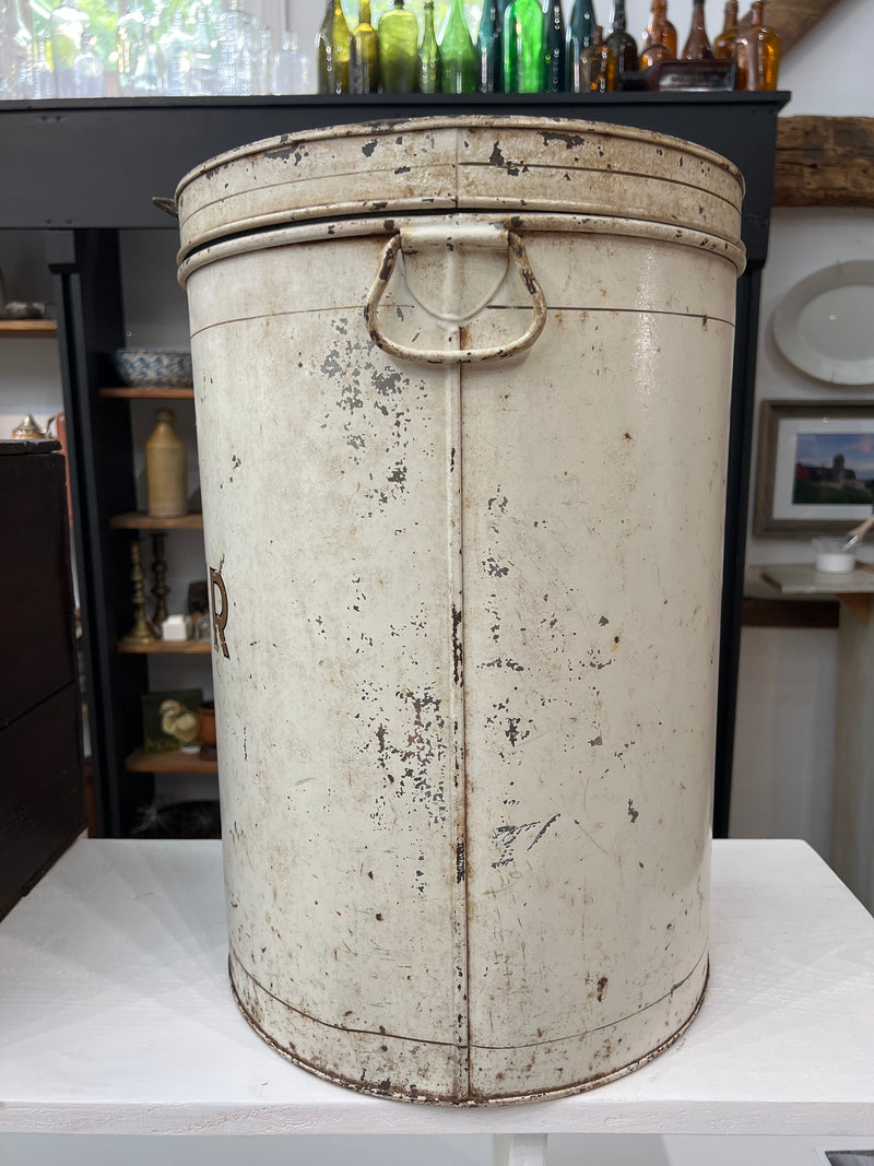 Vintage White Flour 19" Round Canister Tin with Hinged Lid