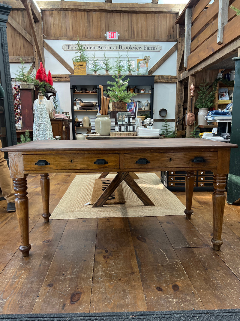 Antique Oak Two Drawer Table with Turned Legs