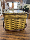 Vintage Yellow Faux Wood Wicker Tin Picnic Basket with Wooden Handles
