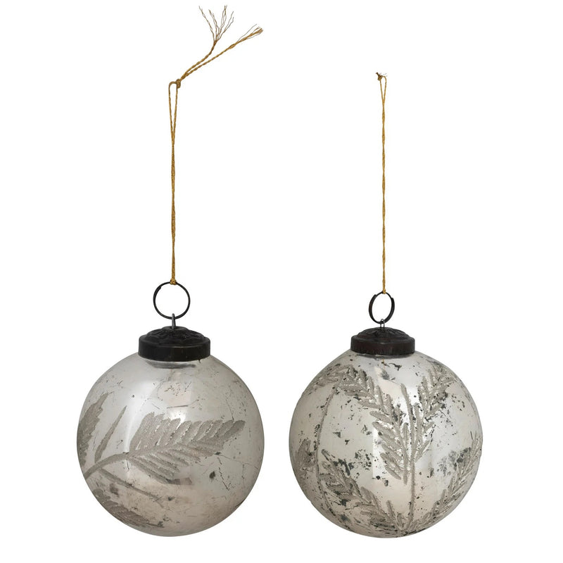 Mercury Glass Ball Ornament w/ Etched Botanical, 2 Styles