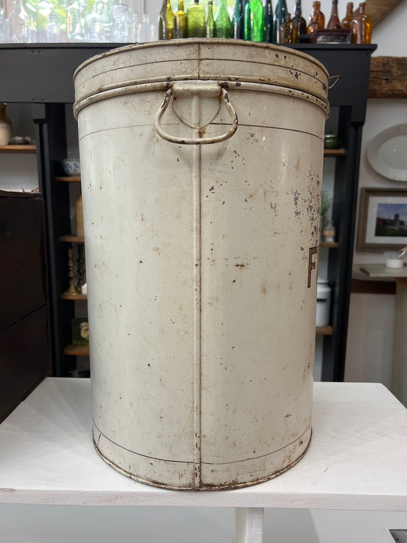 Vintage White Flour 19" Round Canister Tin with Hinged Lid