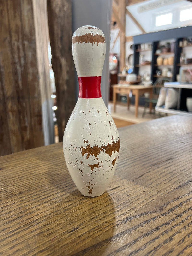 Vintage Wooden Bowling Pin with Red Stripe