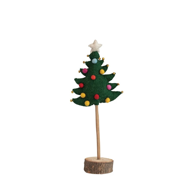 Handmade Wool Felt Tree w/ Star, Pom Poms, Jingle Bells & Wood Slice Base