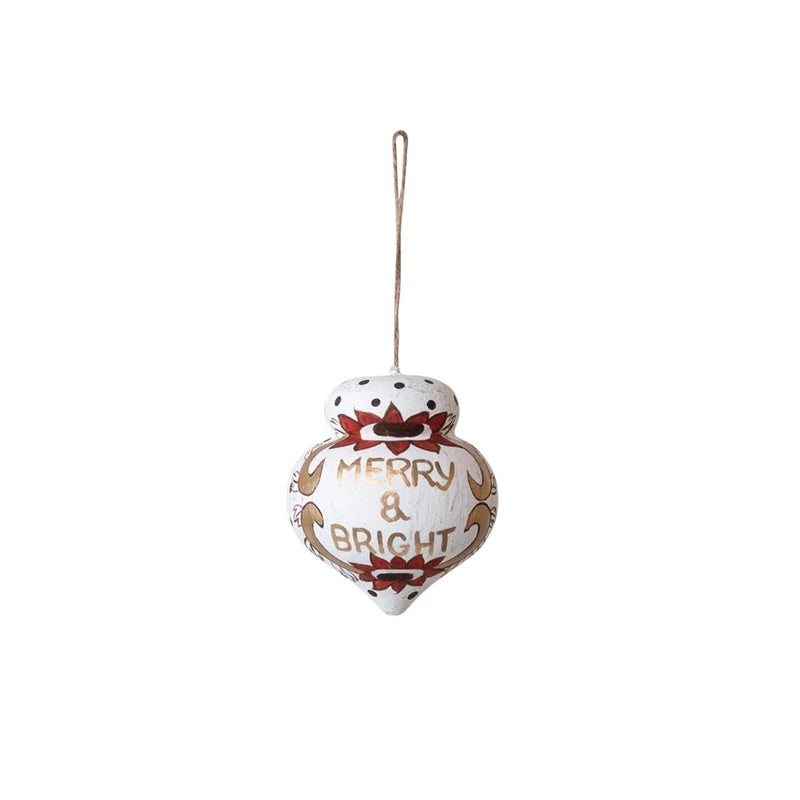 Hand-Painted Paper Mache Finial Ornament "Merry & Bright", White, Red & Gold Color