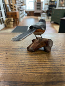 Vintage Peter Peltz Hand Carved + Painted Wood Towhee Bird Figurine on Driftwood Stand