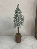 Faux Fir Tree w/ Wood & Moss Base, Snow/Frost Finish, Green (10.25")