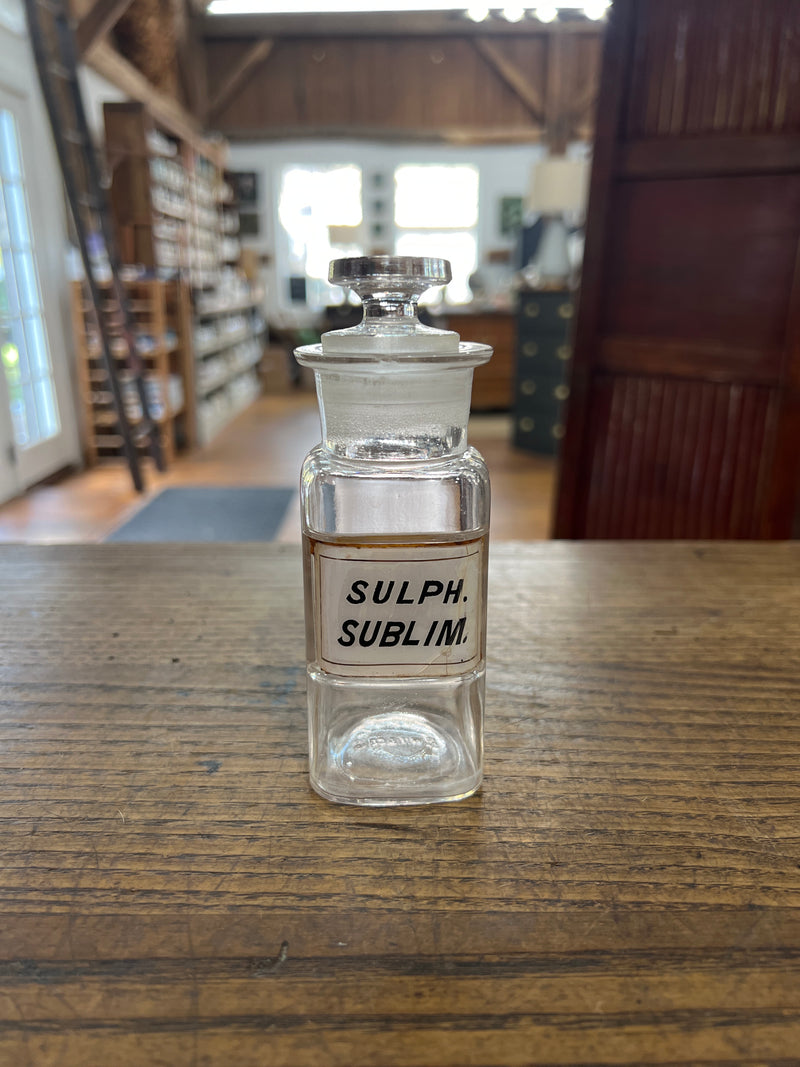 Antique Apothecary Glass Over Label Pharmacy Bottle-Sulph. Sublim.